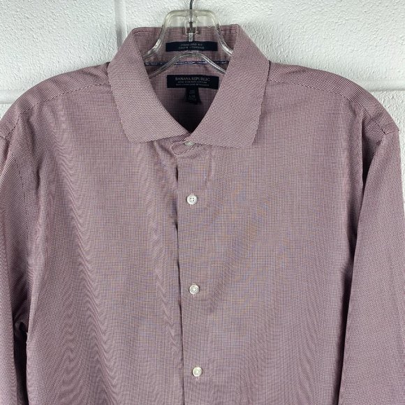 Banana Republic Dress Shirt Men L Tall Long Standard Fit Non Iron Burgundy Check - Picture 3 of 12